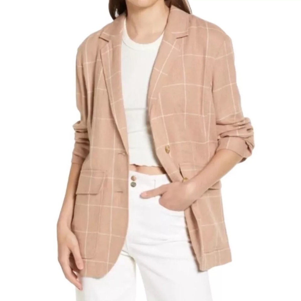 Madewell Linen Blazer Women M Sandstone Long Sleeve Oversized Plaid Pockets